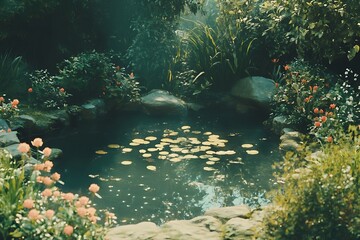 Fototapeta premium A serene garden pond surrounded by lush greenery and colorful flowers.