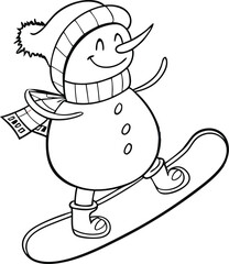 Happy Snowman on a Snowboard: A Playful Cartoon Illustration Perfect for Winter Fun and Holiday Cheer coloring page.