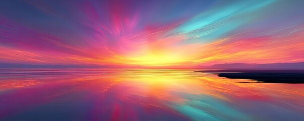 Obraz premium Soothing colors with positivity and focus through wellness concept. A vibrant sunset reflecting on calm water with colorful clouds.