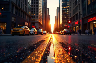 Fototapeta premium Sunset in a big city, evening street, defocused background.