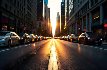 Sunset in a big city, evening street, defocused background.