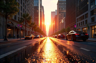 Sunset in a big city, evening street, defocused background.