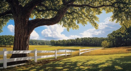 Land Trees. White Fence Surrounding Georgia Farm with Pasture and Trees