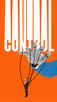 Fototapeta Conceptual collage. Man becomes puppet controlled by blue hand with strings against barcode backdrop, illustrating total loss of freedom in economic crisis. Concept of manipulation, economic