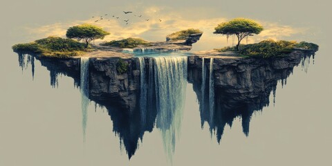 Landscape Graphic. Aethereal Phantasmagoric Landscape with Floating Islands and Waterfalls
