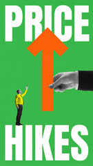 Contemporary art collage. Man looks up at giant arrow rising upward while hand pushes it higher, reflecting pain of everyday price hikes and inflation. Concept of rising costs, economic crisis.