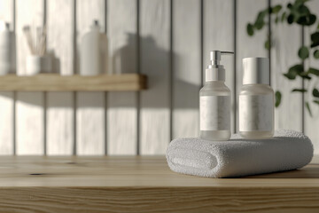 Elegant bathroom countertop featuring stylish skincare products in glass bottles and  soft towel