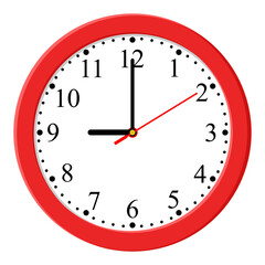 Clock icon design. Vector office clock icon with shadow. Nine o'clock.