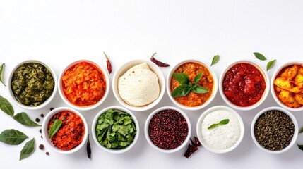 Colorful Display of Fresh Sauces and Spices in Bowls on White Surface