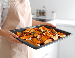 Close-up view of a person holding a baking tray filled with roasted sweet potato wedges seasoned with herbs and spices. The person wears a beige apron, set in a bright kitchen