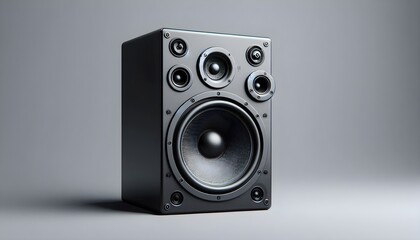 Front-facing studio monitor speaker mockup with visible bass port and tweeter isolated on neutral gray background