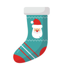 Vector christmas sock isolated on blue background. Traditional red and green colors. Ornate holiday stocking for gift. Holiday decoration