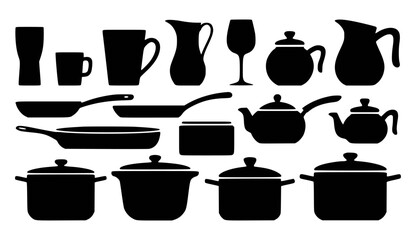 Black silhouette collection of kitchen utensils and drinkware on white background vector illustration