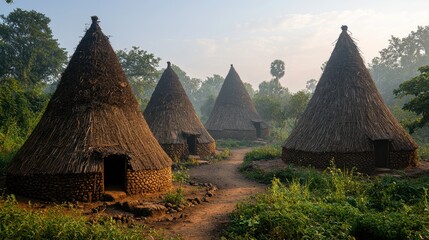 Traditional conical huts in a misty landscape
