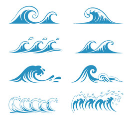 Naklejka premium Blue wave illustrations set featuring multiple designs for ocean and coastal themes