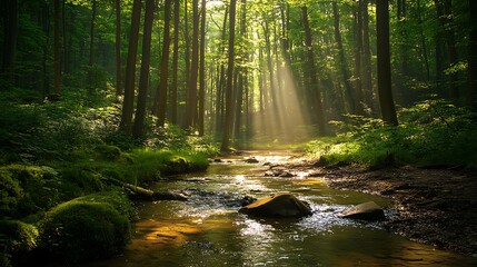 Obraz premium A serene forest scene with sunlight filtering through trees, illuminating a gentle stream.