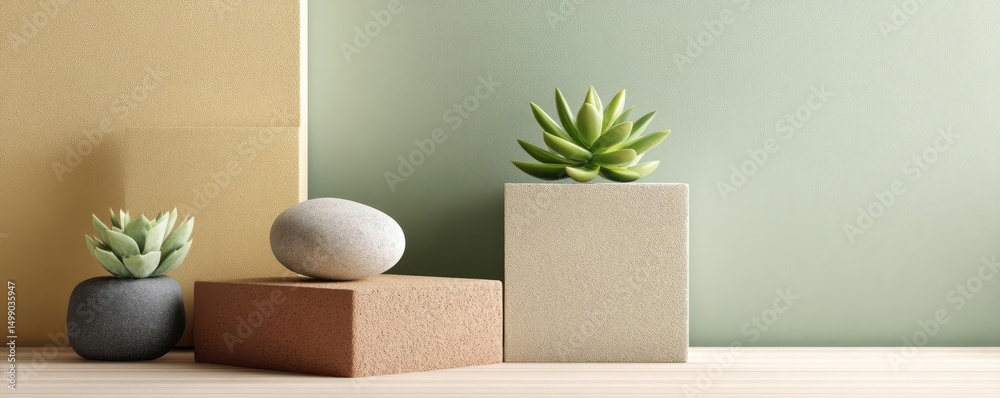 Poster soothing colors with positivity and focus through wellness concept. stylish display of succulents on