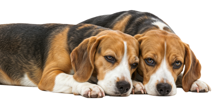 Two Happy Beagle Dogs Lying Down Together, Friendly Pets, isolated on a transparent background - Powered by Adobe