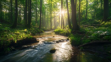 Obraz premium Serene forest scene with a flowing stream and sunlight filtering through the trees.