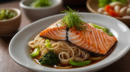 Salmon Noodle with Greens on Plate