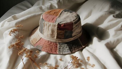 Eco-friendly patchwork bucket hat mockup made from recycled fabric presented on white linen and dried flowers