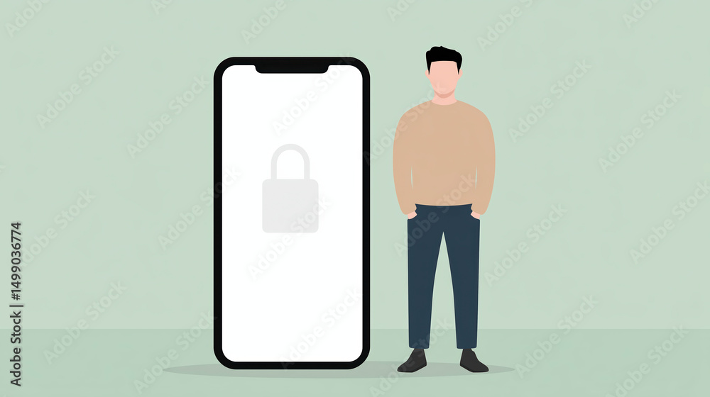Poster secure mobile device usage with a person standing beside a smartphone displaying a lock symbol, emph