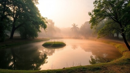 Obraz premium Small pond in Bangladeshi village surrounded by trees and fog in early winter morning, soft water reflection and silence in nature