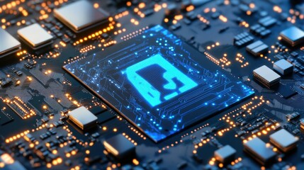 Futuristic Microprocessor Circuit Board with Glowing Blue Elements and High-Tech Design
