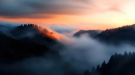 Dramatic Sunset Over Misty Mountains with Silhouetted Trees in Orange and Dark Blue Hues