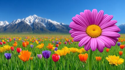 Obraz premium Vibrant field of colorful tulips with a large pink daisy and snow-capped mountains in the background