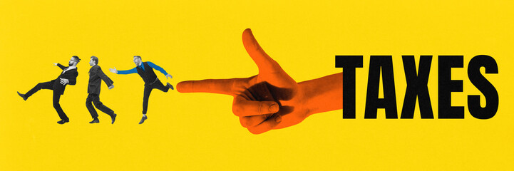 Banner. Conceptual collage. Red hand shaped like gun targets businessmen running away, symbolizing instability caused by overwhelming tax pressure. Concept of taxation burden, economic crisis.