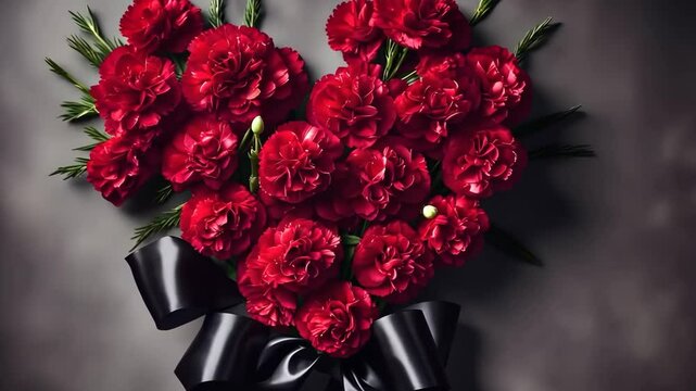 A detailed flat lay of a funeral banner, displaying red carnations arranged in a heart shape with a flowing black ribbon intertwined, set against a muted backdrop