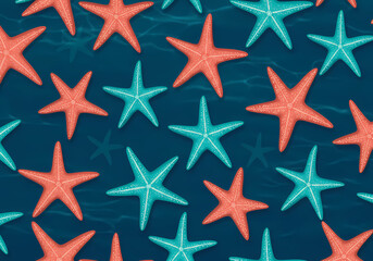 Coral  Teal Starfish Pattern Beach Fabric Design isolated on transparent background