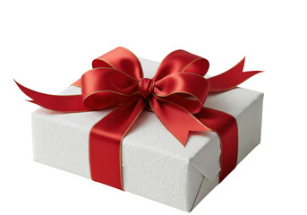 Obraz premium White gift box with red ribbon and bow isolated on transparent background