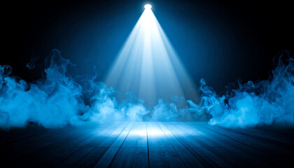 A dramatic scene featuring a spotlight illuminating a wooden floor, surrounded by swirling blue smoke against a dark background