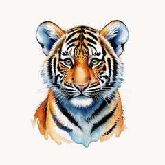 Obraz premium Colorful watercolor portrait of a tiger with expressive eyes and clear stripes, on a white background