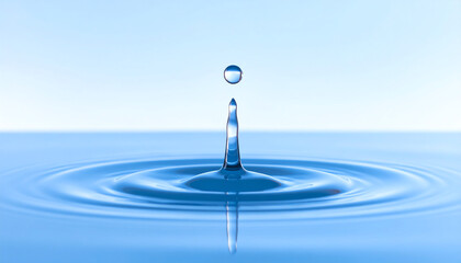 A single water droplet creates ripples in a tranquil blue surface, showcasing the beauty of fluid dynamics and nature's simplicity