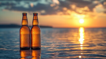 Two amber beer bottles on water at sunset
