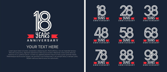 logo anniversary set. white color with red ribbon on blue background for special event