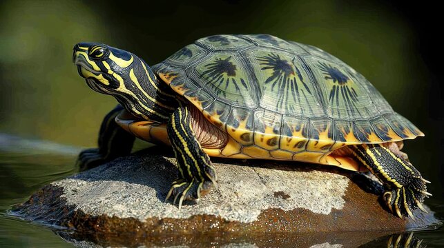 Turtle on rock, water reflections