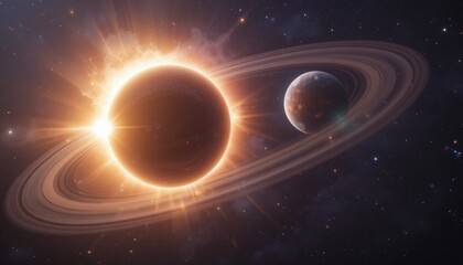Obraz premium Solar eclipse event captured in space featuring saturn and moon cosmic scene celestial environment outer space view