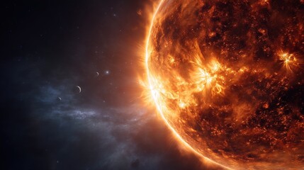 Obraz premium Sun in vast space full of stars, nebulas, and galaxies in the background. Generative Ai