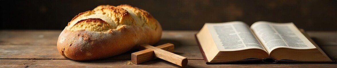Fototapeta premium A rustic wooden table holds a homemade loaf of bread, a simple wooden cross, and a Bible, suggesting a scene of faith and home-baked goodness , church, loaf, bread