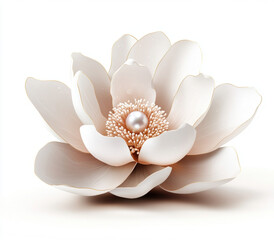White lotus flower and water lily close-up with green leaves isolated on white background