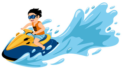 Boy Splashing Water with Jet Ski Isolated Cartoon Summer Holiday Activity Art