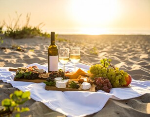 Fototapeta premium A romantic beach picnic at sunset features a white tablecloth on the sand, with wine, two glasses, cheeses, and fruits. Golden sunlight casts soft, dreamy shadows.