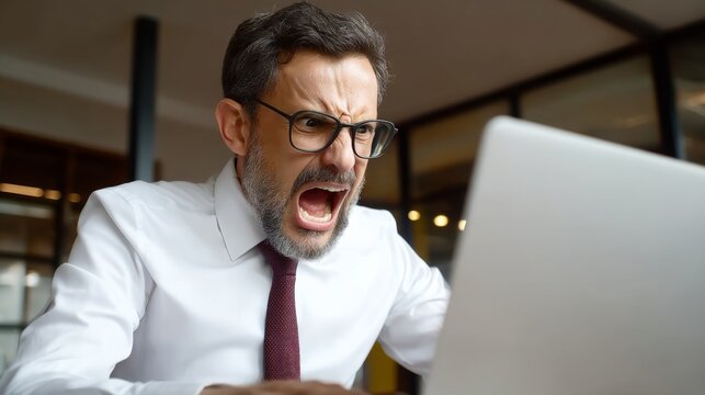 Frustrated man in business attire shouting at his laptop screen in an office setting
