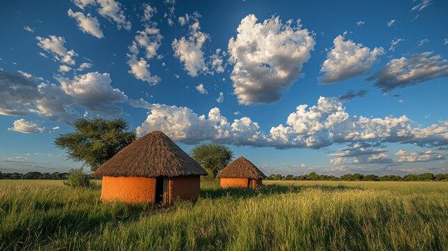 Two rustic huts in a grassy field under a vibrant sky
