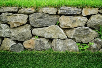 Landscaping Lawn: Stone Wall and Perfect Grass Care in Backyard Garden