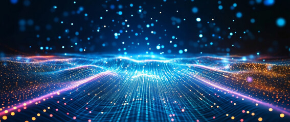 Abstract interconnected network lines forming a digital structure in blue tones on dark background